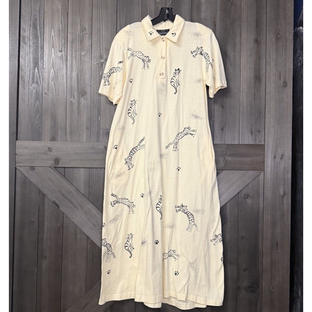Vintage Hand Painted Cat 100% Cotton Polo Wearable Art Midi Dress LA ArtsTeacher